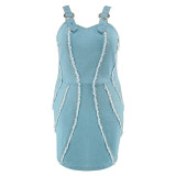 Plus Size Denim Sling Tassel Sleeveless Mini Dress GDAM-218505
