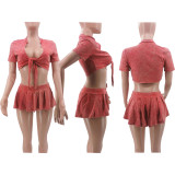 Short Sleeve Tie Up Crop Tops Skirt Suit(With Safety Pants) TK-6325