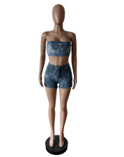 Embroidered Bustier Denim Shorts Set MEM-88584