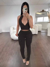 Solid Color Zipper Tight Sleeveless Sport Pants Suit WSM-5368
