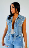 Beaded Diamond Studded Denim Vest Jacket GQDH-1073