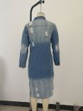 Fashion Denim Long Sleeve Holes Long Coat GQDH-932