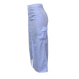 High-waisted Striped Split Work Skirt BN-9445