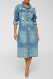 Fashion Denim Long Sleeve Holes Long Coat GQDH-932