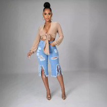 Fashion Denim Holes Tassel Mid Pant GQDH-968-1