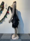 Hot Drill Feather Sleeveless Pearl Mini Dress NY-3191