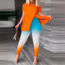 Plus Size Print Short Sleeve Slash 2 Piece Pants Set OSIF-3228