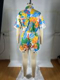 Wave Lace Print Short Sleeve Shirt Two Piece Short Set TE-4686