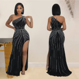 Single Shoulder Sleeveless Hot Drill Maxi Dress BY-6961