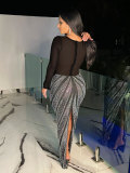 Hot Drill Splicing Back Split Maxi Dress NY-3189