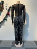 Hot Drill Splicing Back Split Maxi Dress NY-3189