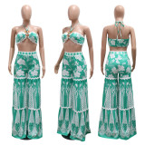 Print Lace-Up Bustier Top Loose Wide-Leg Pants Set CYA-901241
