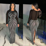 Hot Drill Splicing Back Split Maxi Dress NY-3189