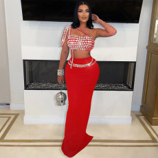 Hot Drill Sling Tops And Long Skirt 2 Piece Set CYA-901231