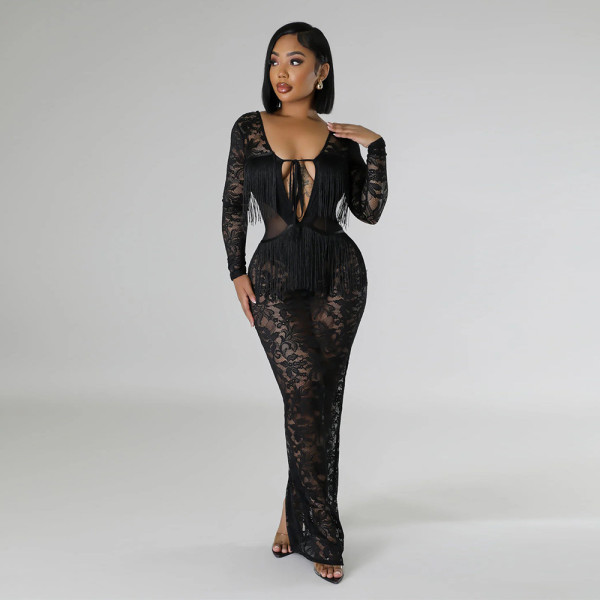 See Through Lace Backless Maxi Dress CYA-901243