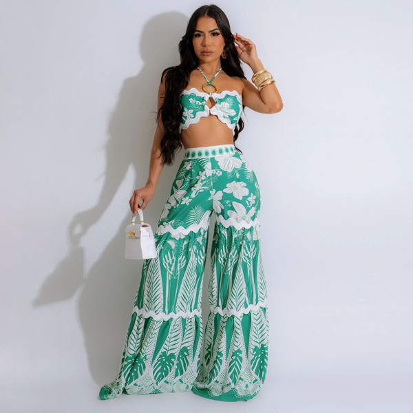Print Lace-Up Bustier Top Loose Wide-Leg Pants Set CYA-901241