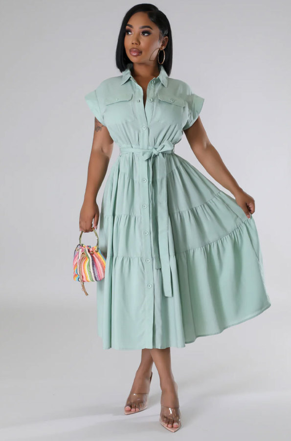 Solid Color Short Sleeve Long Shirt Dress XHXF-966