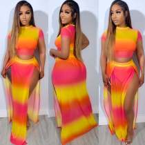 Gradient Color Clash Print Split Long Skirt Suit NY-10803