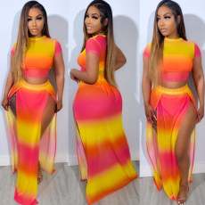 Gradient Color Clash Print Split Long Skirt Suit NY-10803