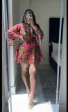 Floral Deep V Flared Sleeve Tie Up Mini Dress QODY-6035