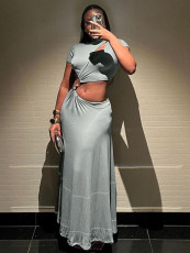 Solid Color Short Sleeve Long Skirt 2 Piece Set QODY-6039