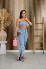 Sexy Wrap Chest Hollow Out Pants Denim 2 Piece Set NYF-8175