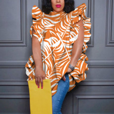 Plus Size Print Ruffled Loose Top Blouse NNWF-8018