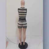 Stripe Hollow Out Sleeveless Sweater Shorts Suit QXTF-83017