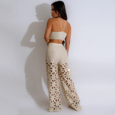 Sexy Halter Vest And Hollow Out Wide Pants 2 Piece Set CYA-901285
