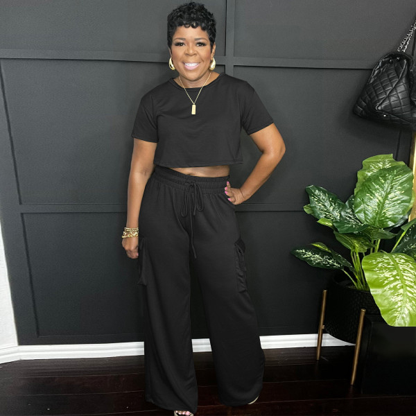 Solid Color O Neck Tops And Pants 2 Piece Set WAF-77674