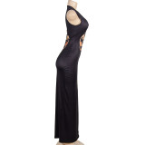 Sleeveless Snake Print Hollow Out Split Long Dress GAXB-A506DS