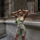 Fashion V-neck Sleeveless Vest Top Pleated Skirt Set MDF-5500