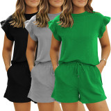 Ruffle Sleeve Shorts Drawstring Casual Two Piece Set ME-Q24S8521