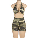 Sleeveless Halter Crop Tops And Shorts Two Piece Set GAXB-A459ST