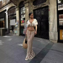 Fashion V Neck Stripe Knits Contrast Color Pants Suit WAF-77675