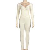 Solid V Neck Long Sleeve Pants Suit GAXB-A390ST