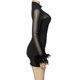 Mesh Patchwork Feather Mini Dress GAXB-A321DS