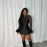 Mesh Patchwork Feather Mini Dress GAXB-A321DS