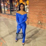 Solid V Neck Long Sleeve Pants Suit GAXB-A390ST
