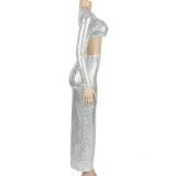 Solid Color Glossy Long Sleeve Long Skirt Set GAXB-A215ST
