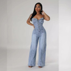 Fashion Tube Tops Single-breasted Denim Jumpsuit GKNF-TSJ-6978