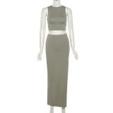 Solid Color Sleeveless Split Skirt Two Piece Set GYSL-3263