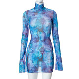 Mesh Print Flare Sleeve Split Mini Dress GYSL-18718