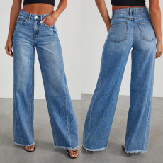 High Waisted Loose Washed Raw Edge Jeans GKNF-TSYOU-2150