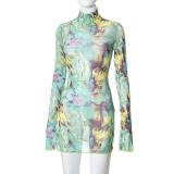 Mesh Print Flare Sleeve Split Mini Dress GYSL-18718