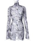 Mesh Print Flare Sleeve Split Mini Dress GYSL-18718