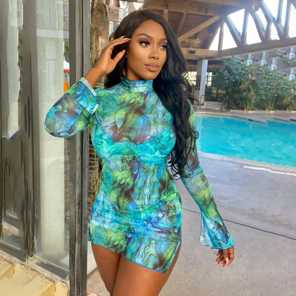 Mesh Print Flare Sleeve Split Mini Dress GYSL-18718