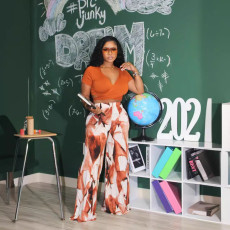 Solid V Neck Tops And Print Pants 2 Piece Set SFY-2780