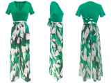 Solid V Neck Tops And Print Pants 2 Piece Set SFY-2780