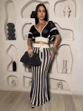 Sexy V-neck Hollow Out Striped Knit Long Skirt Set ZSD-Z0326